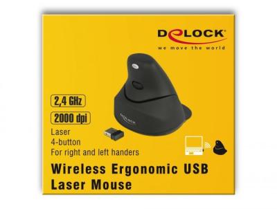 DeLock Ergonomic vertical Laser 4-button mouse 2.4 GHz wireless left/right handers Black