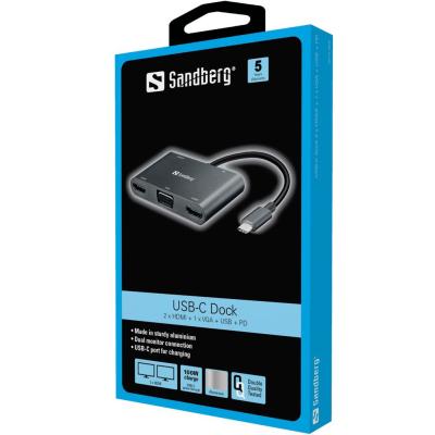 Sandberg USB-C Dock 2xHDMI+1xVGA+USB+PD Gray