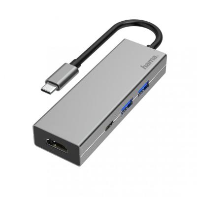 Hama USB-C Multiport Adapter 4 Ports 2xUSB-A USB-C HDMI Grey