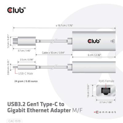 Club3D USB3.2 Gen1 Type-C to Gigabit Ethernet Adapter White