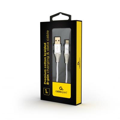 Gembird CC-USB2B-AMLM-1M-BW2 Lightning Premium cotton braided 8-pin charging and data cable 1m Silver/White