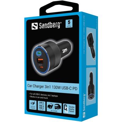 Sandberg Car Charger 3in1 130W USB-C PD Black