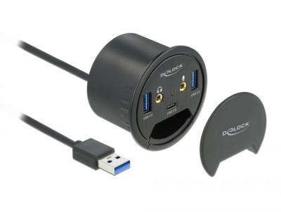 DeLock 3 Port In-Desk Hub USB 1x USB Type-C and 2x USB Type-A + HD-Audio Ports