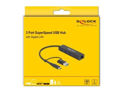 DeLock 3 Port USB 3.2 Gen 1 Hub + Gigabit LAN with USB Type-C or USB Type-A connector Black
