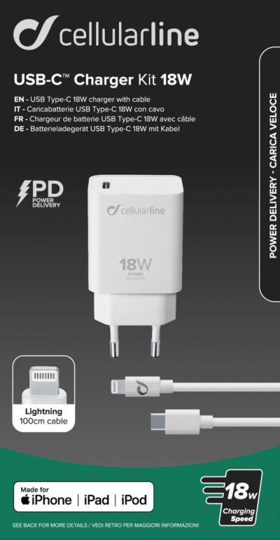 Cellularline Set charger with USB-C connector and Lightning cable, Power Delivery (PD), 18 W, MFI certification, white