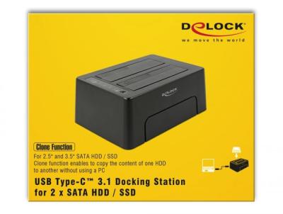 DeLock USB Type-C 3.1 Docking Station for 2x SATA HDD/SSD with Clone Function