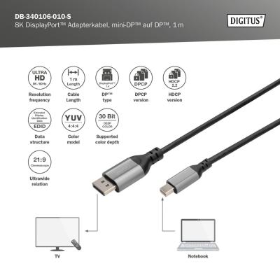 Digitus 8K DisplayPort Adapter Cable, Mini DP to DP 1m Black