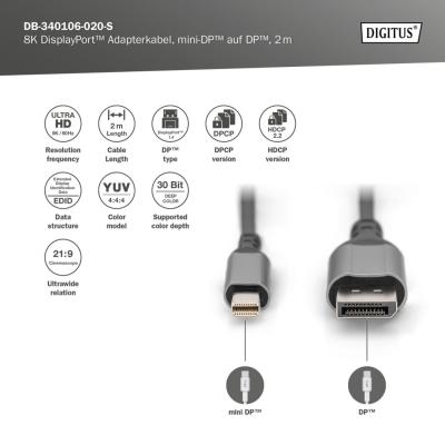Digitus 8K DisplayPort Adapter Cable, Mini DP to DP 2m Black