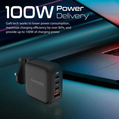 Promate  GaNPort4-100PD 100W Power Delivery GaNFast Charger with Quick Charge 3.0 Black