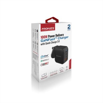 Promate  GaNPort4-100PD 100W Power Delivery GaNFast Charger with Quick Charge 3.0 Black