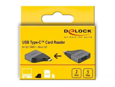 DeLock USB Type-C for SD/MMC + Micro SD memory cards compact design Card Reader Black