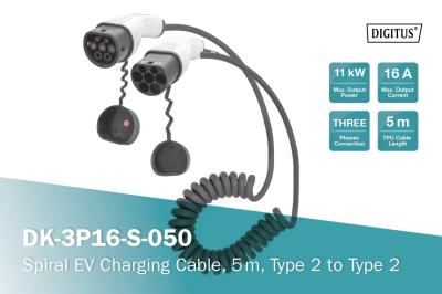 Digitus EV charging Type2 to Type2 Spiral charger cable 5m Black