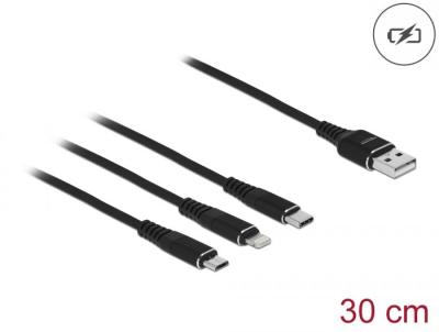 DeLock USB Charging Cable 3in1 Type-A to Lightning/Micro USB/USB Type-C 0,3m Black