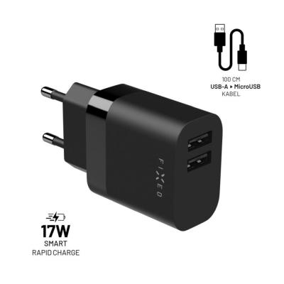FIXED Dual USB Travel Charger 17W + USB/micro USB Cable Black