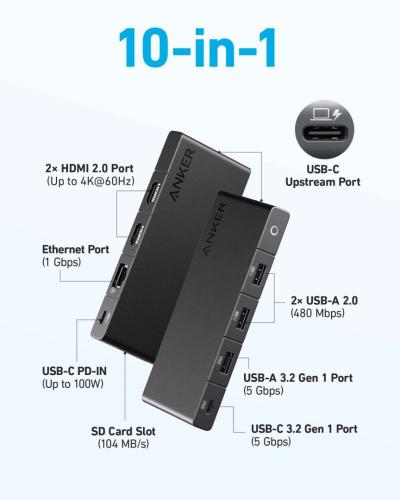 ANKER 364 USB-C Hub (10-in-1, Dual 4K HDMI) Black