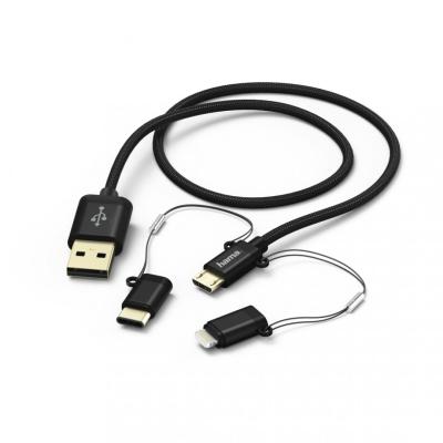 Hama 3-in-1 Alu microUSB Cable +Adapter for USB Type-C / Lightning 1m Black