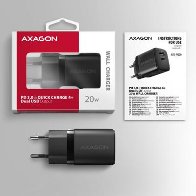 AXAGON ACU-PQ20 PD3.0 & QC4+ Dual Outputs Wall Charger 20W Black