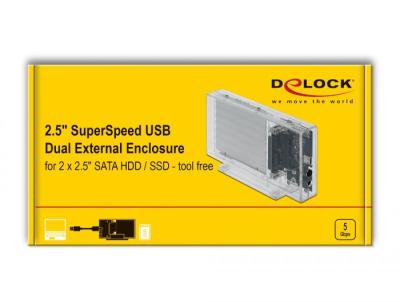 DeLock External Dual Enclosure for 2 x 2.5″ SATA HDD / SSD with USB Type-C female transparent  tool free