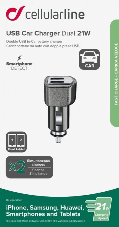 Cellularline Mini car charger Dual Plus with 2xUSB output, 21W/4.2 A max, black