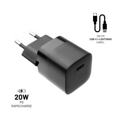 FIXED Mini USB-C Travel Charger 20W + USB-C/Lightning Cable, Fekete