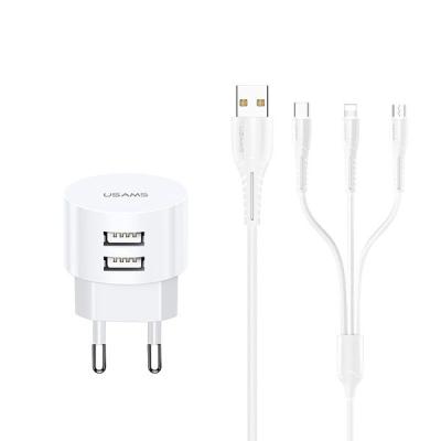 Usams U35 2.1A Double USB Charger + Lightning/MicroUSB/USB-C 1m White