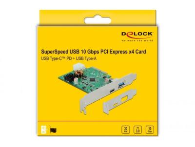 DeLock PCI Express x4 Card to 1 x external USB Type-C female with PD function + 1 x external USB Type-A female SuperSpeed USB 10 Gbps (USB 3.2 Gen 2)