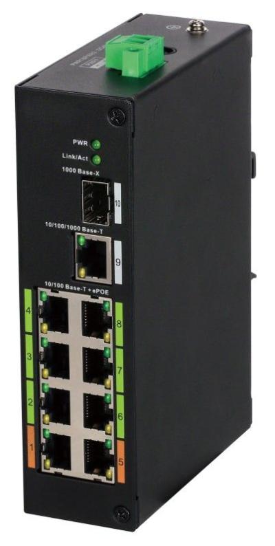 Dahua 10 portos ipari ePoE switch (120 W); 6 PoE+ / 2 HiPoE / 1 RJ45 + 1 SFP uplink port;nem menedzselhető
