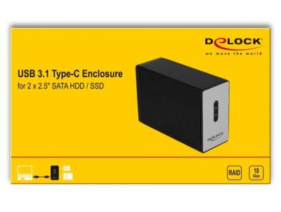 DeLock External USB 3.1 Type-C Enclosure for 2 x 2.5″ SATA HDD / SSD with RAID