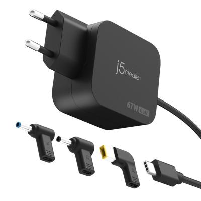 j5create JUP1565DCE3A 67W GaN PD USB-C Mini Charger with 3 Types of DC Connector Black