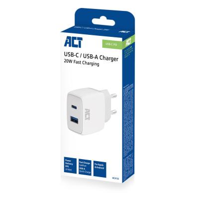 ACT AC2122 USB-C & USB-A charger 20W with Power Delivery White