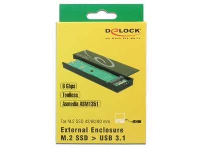 DeLock External Enclosure M.2 SSD 42/60/80 mm > SuperSpeed USB 10 Gbps (USB 3.1 Gen 2) Type Micro-B female toolless